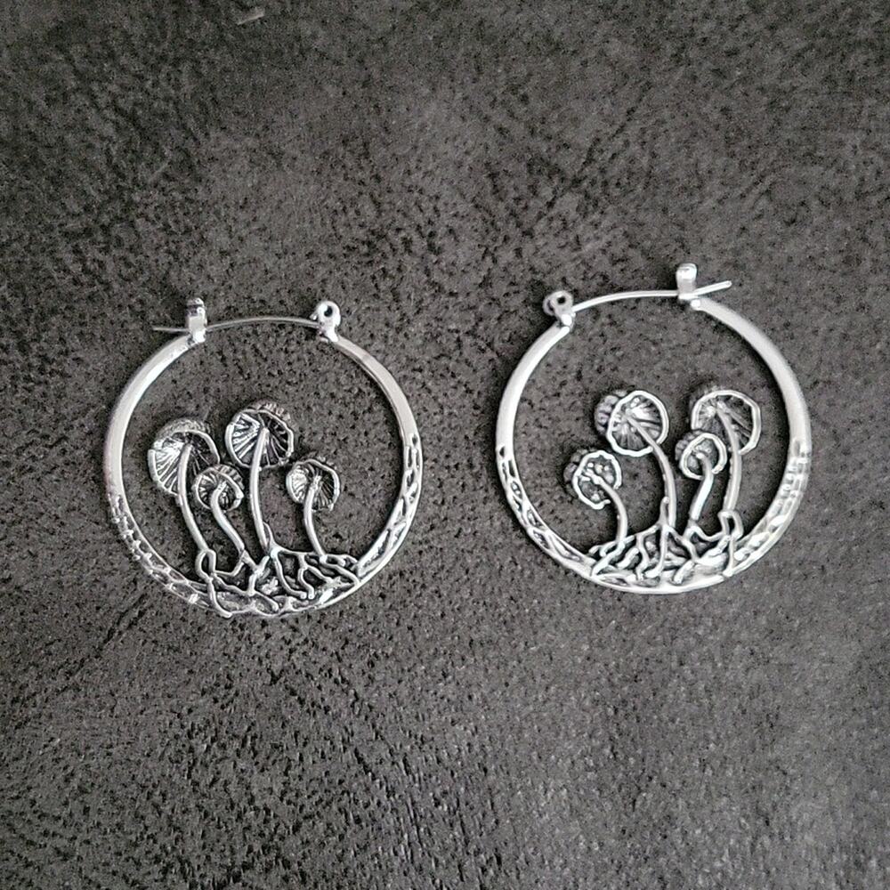 Mushroom themed silver tone hoop earrings